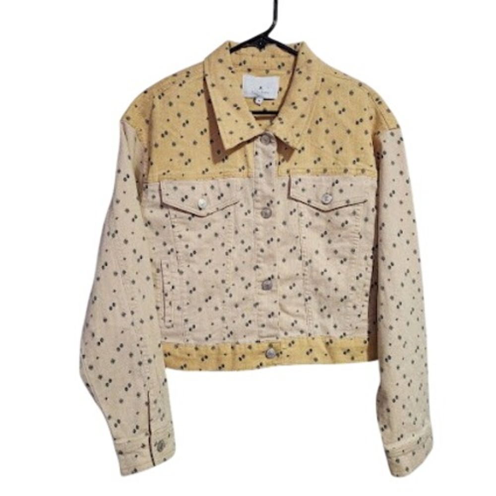SCALPERS Denim Jacket Butter Yellow Beige Geometric Cropped Micro Floral M